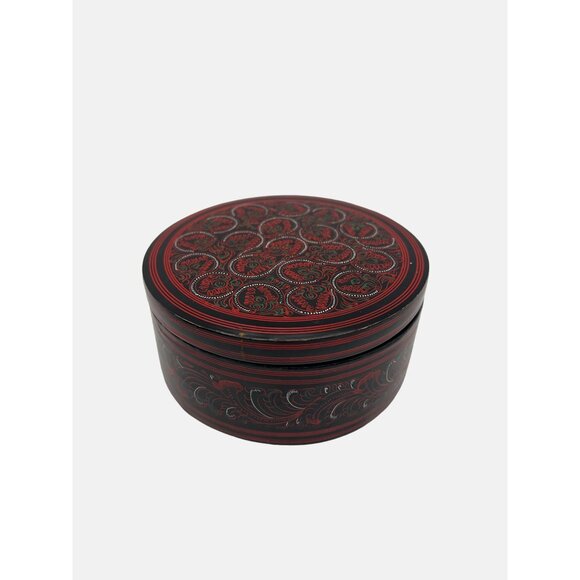 3 Handcrafted Round Lacquerware Nesting Storage Boxes Red & Black Patterns - Picture 5 of 7